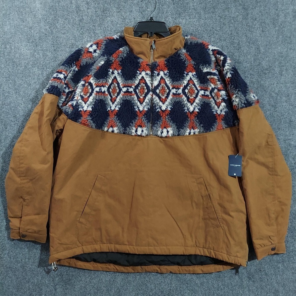 Lucky Brand Jacket‎ Mens 2XL Brown 1/4 Zip Fleece Anorak Southwestern Pullover